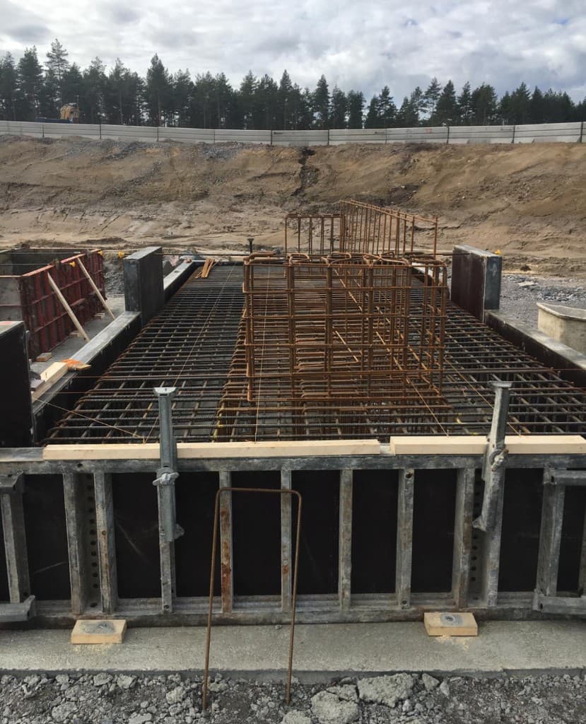 Foundation base with formwork and heavy reinforcement